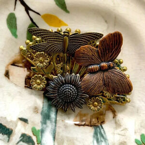 Sterling Butterfly, Dragonfly and Flower Brooch